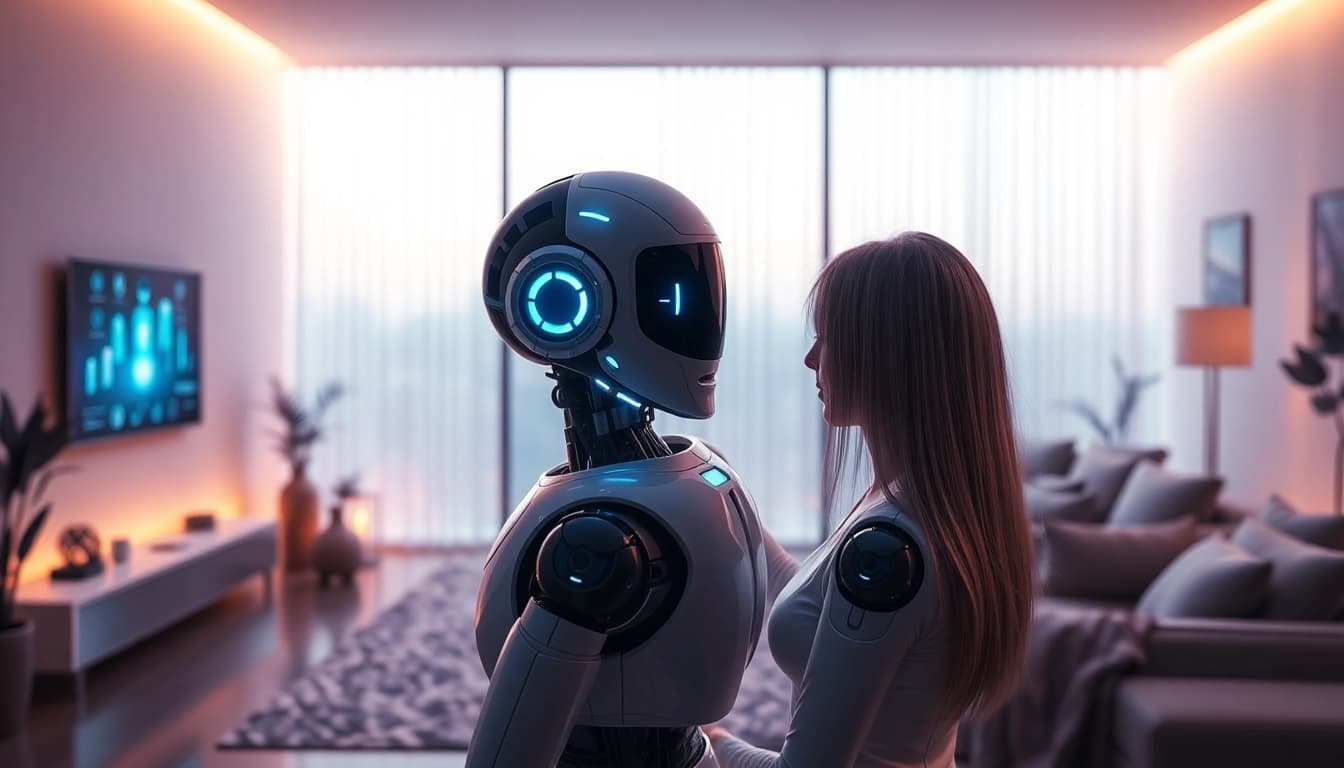 A futuristic AI sex personal assistant in a modern living room emphasizing trust and excitement.