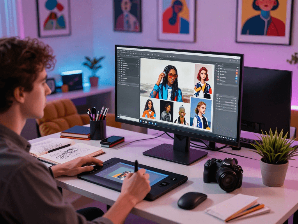 AI NSFW content creation in a modern digital studio with vibrant art.