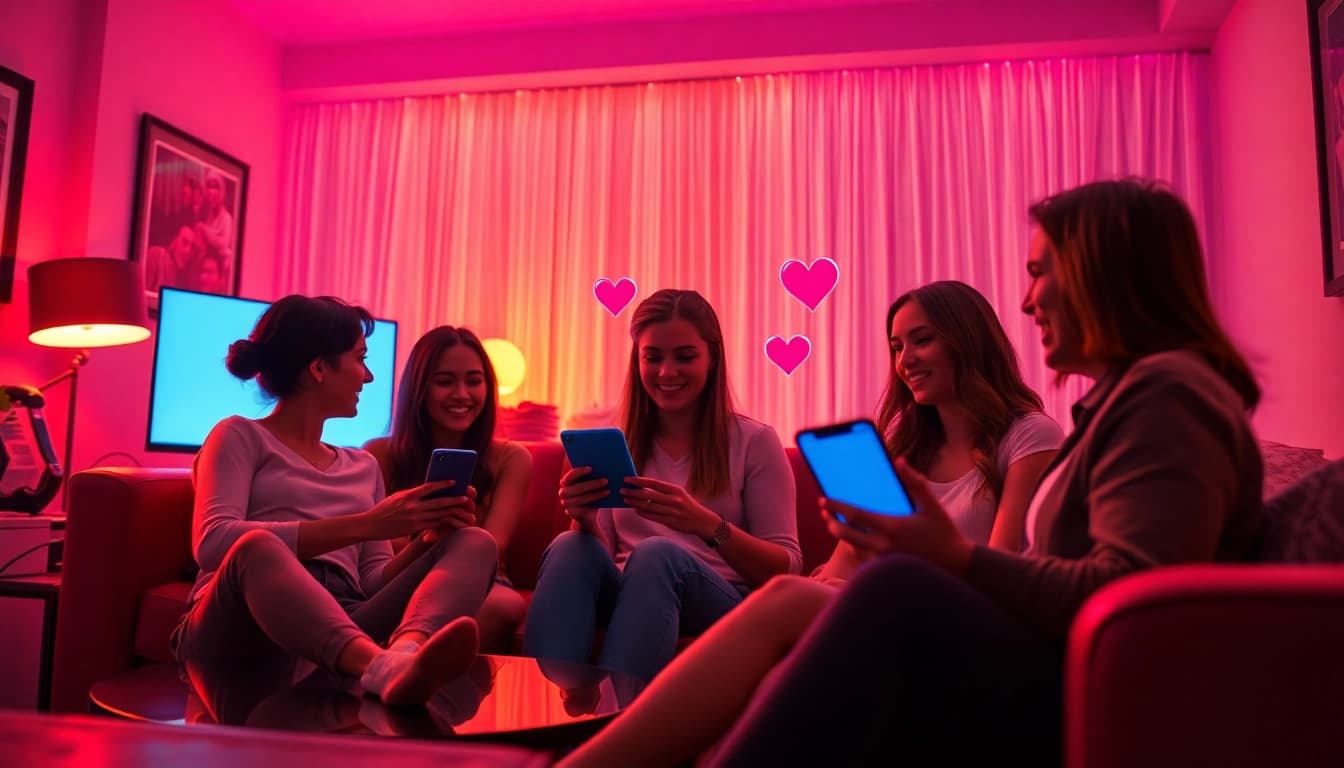 Engaging sexchat scene with playful adults chatting warmly in a vibrant online setting.