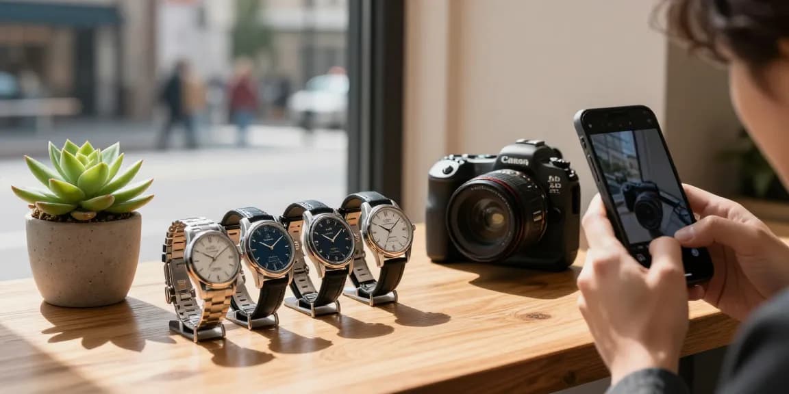 Stylishly displayed clone watches on a wooden table, capturing luxury horology.