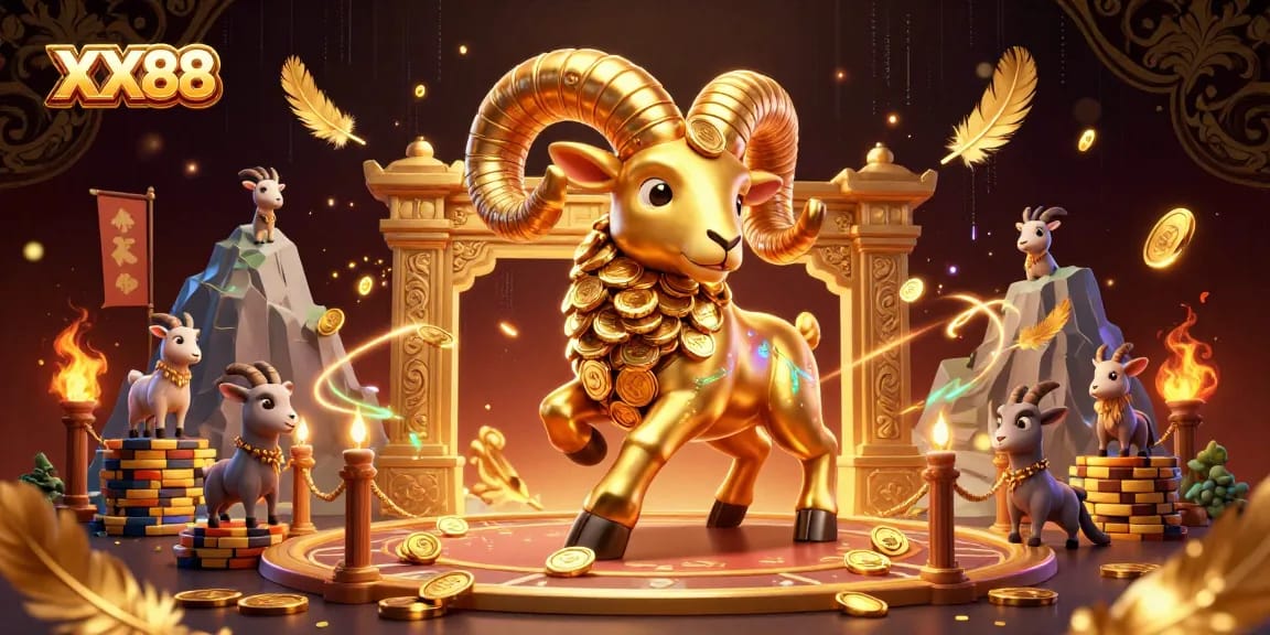 Experience thrilling gameplay at XX88 with a charging golden ram amidst a vibrant casino scene.