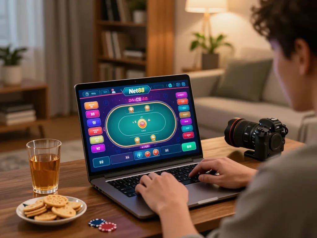 Engaged user playing poker on nhà cái Net88, showcasing an online gambling atmosphere.