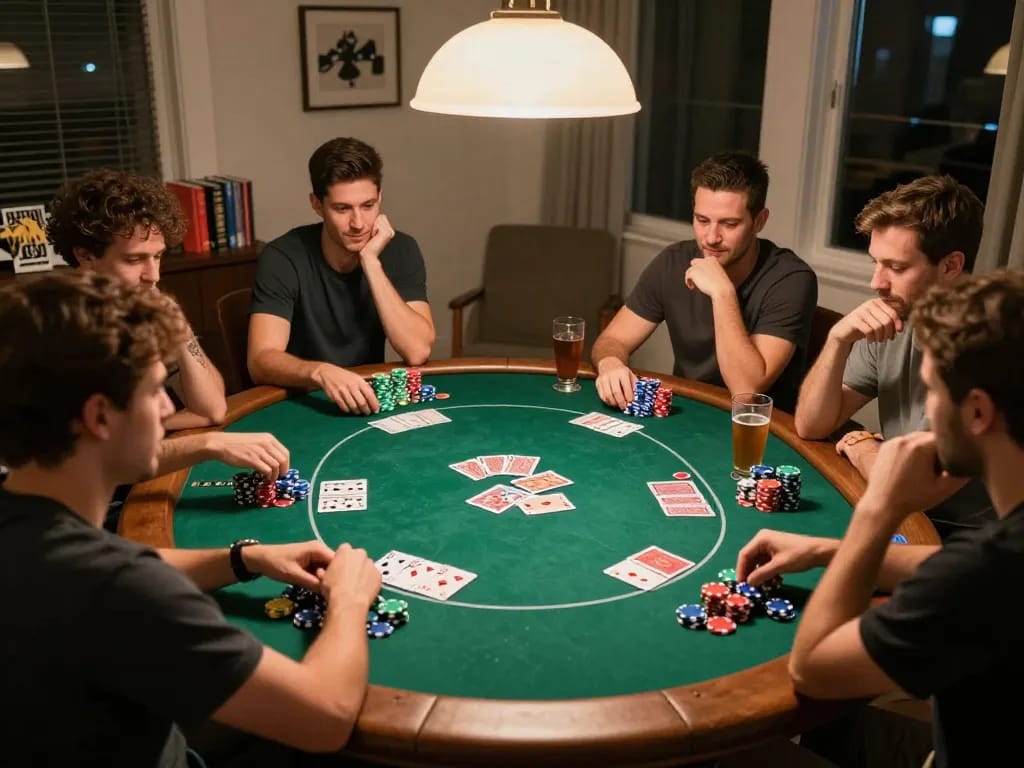 Friends enjoying an exciting poker night at home with 77LOC themed decor and vibrant gameplay.