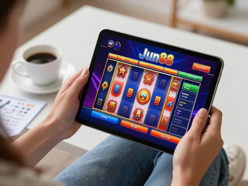 Players enjoy immersive Jun88 mobile casino gaming with slot reels spinning