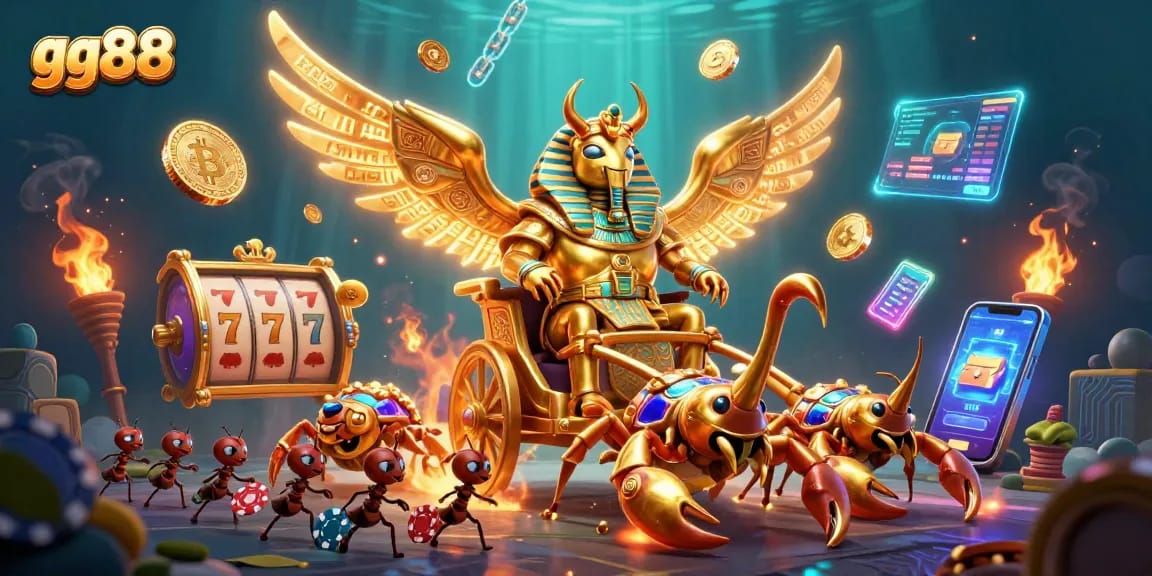 Engage with the thrilling experience of gg88 featuring a 3D golden scarab beetle and vibrant casino elements.