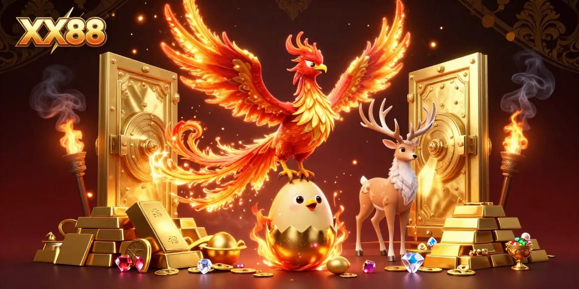 Experience winning thrills at XX88 with a dazzling phoenix and treasure-themed casino scene.