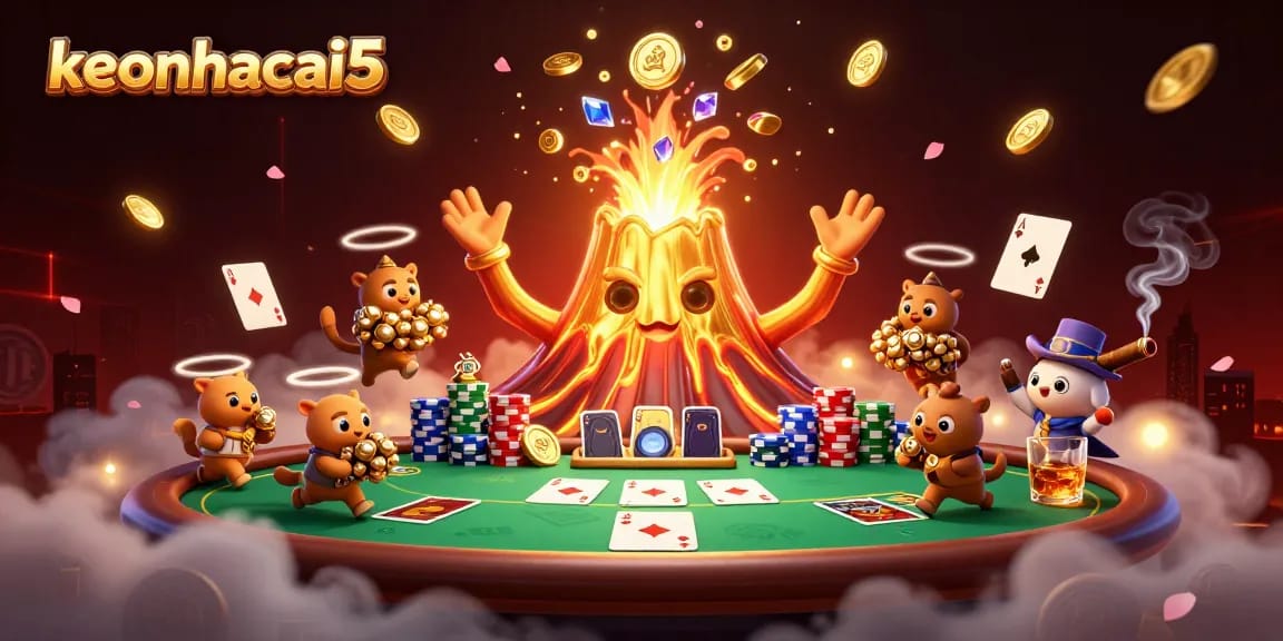 Experience winning thrills with keonhacai5 as treasure erupts from a golden volcano in this vibrant casino scene.