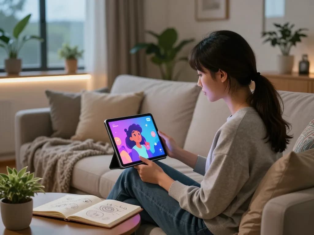 Engaging character AI NSFW experience in a comfy living room with a woman and tablet, showcasing vibrant animated characters.