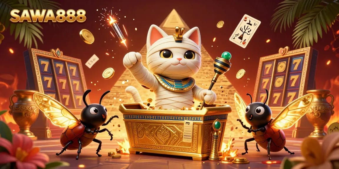 Experience thrilling wins and dynamic gameplay at SAWA888, featuring a lively 3D casino scene with a mummy cat.