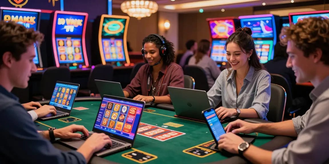 Exciting scene of players at credit card casinos, enjoying gaming on laptops and mobiles in a vibrant online casino environment.