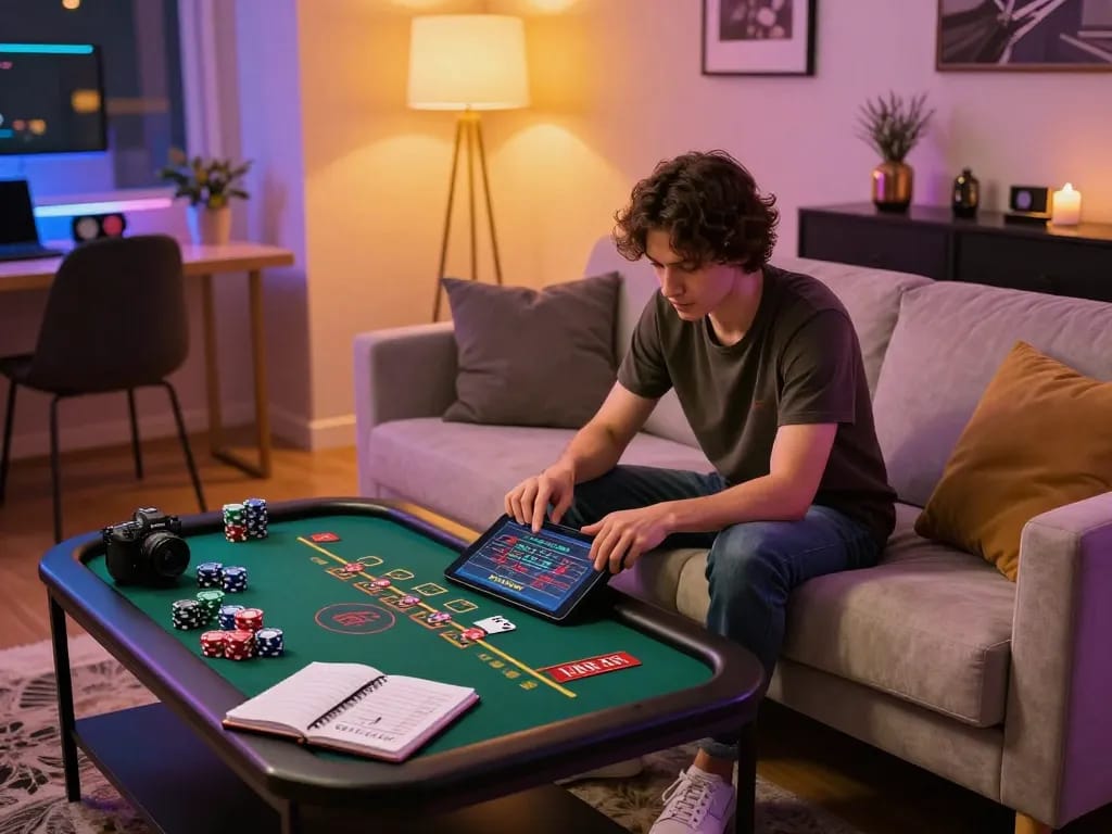 An engaged player enjoying 8kbet online blackjack on a tablet in a cozy home setting with betting notes visible.