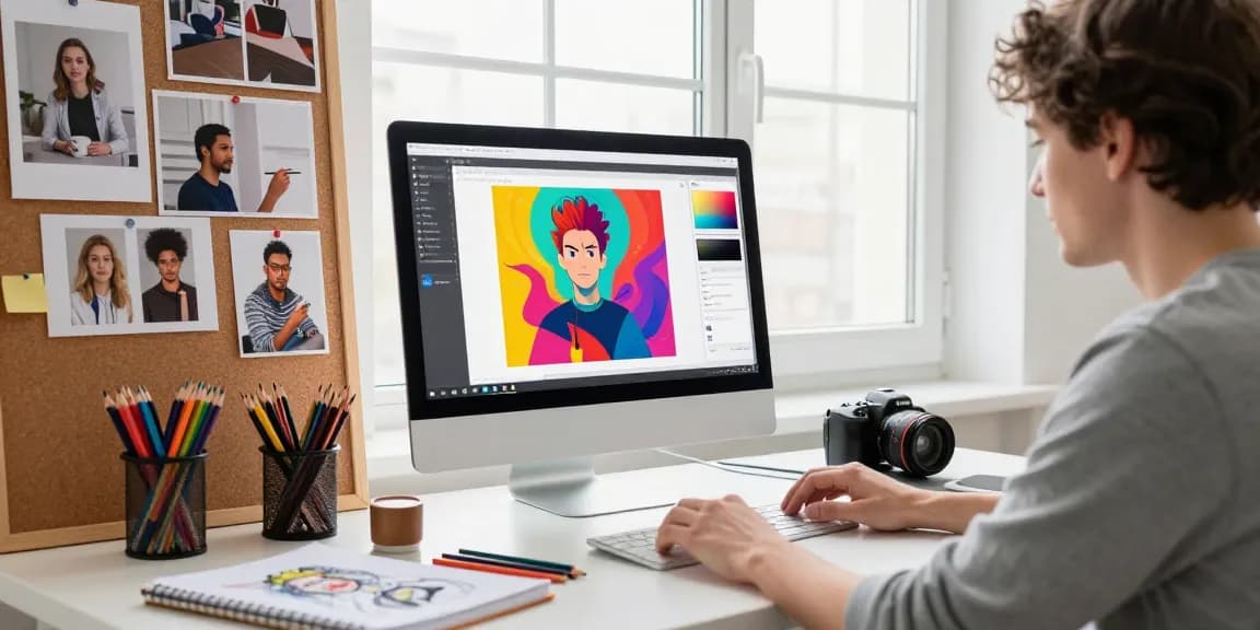 Digital artist utilizing an image to prompt generator in a creative workspace filled with art supplies.