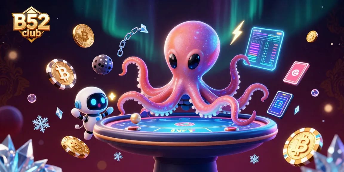 Engage with B52 club's exciting alien-themed poker game, featuring vibrant characters and glowing crypto elements.