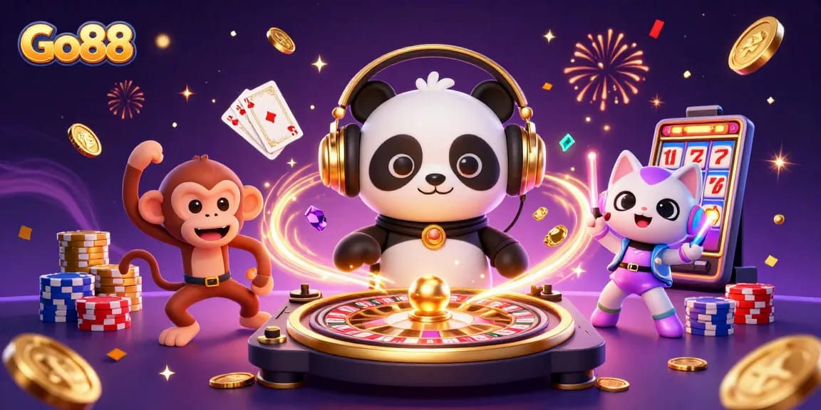Experience the thrilling games at Go88 with vibrant casino elements and engaging characters in action.