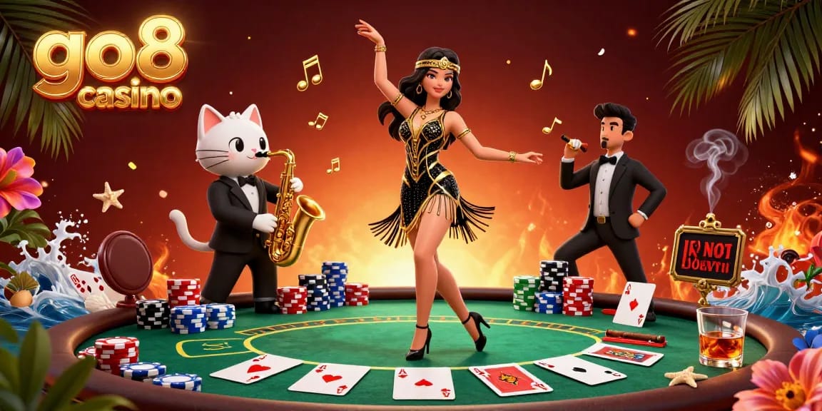 Experience the excitement of go8 casino as vibrant characters celebrate with poker chips and musical notes.