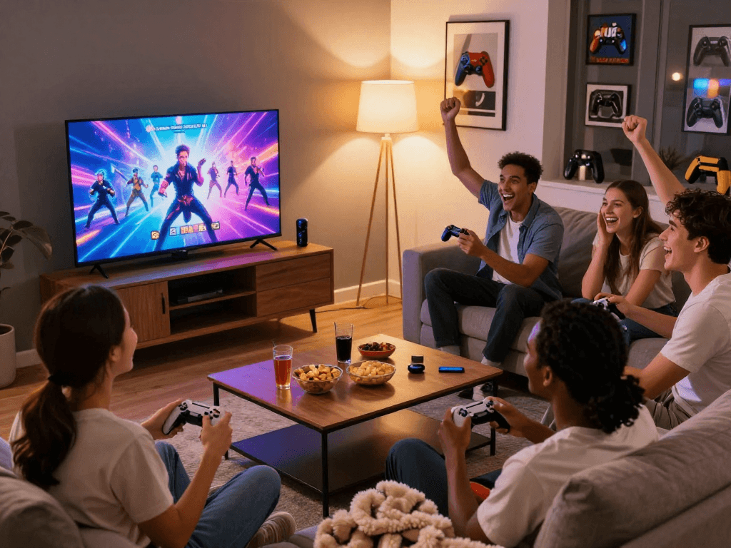 Group of friends playing porn games together in a cozy living room.