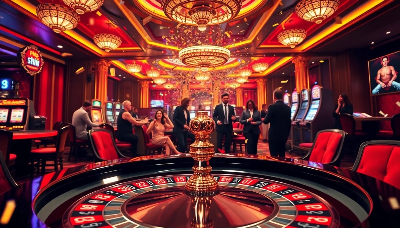 A thrilling casino atmosphere showcasing a "98 win" roulette table with excited players celebrating victory.