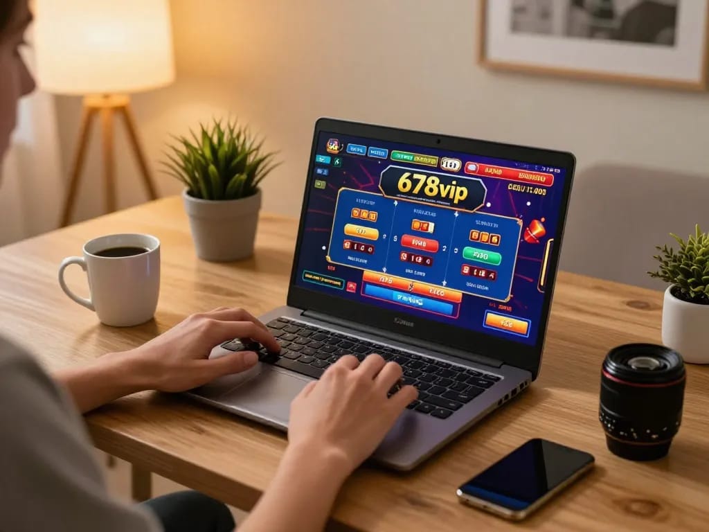 Player enjoying a casino game at home on 678vip, creating a relaxing online gambling atmosphere