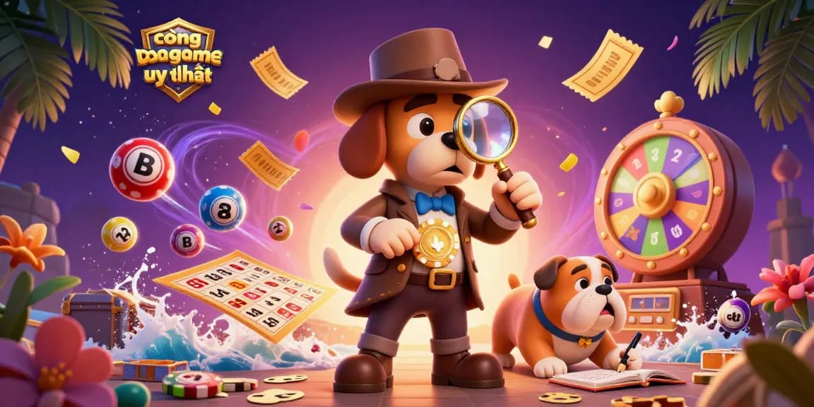 Check out cổng game uy tín with a dynamic scene featuring detective elements, casino prizes, and vibrant lottery balls.