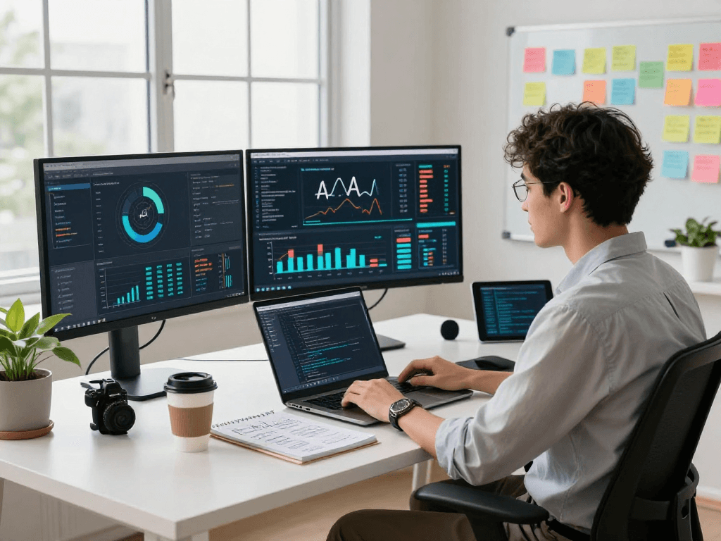 Data analyst in a modern workspace utilizing juicy AI analytics tools for innovative projects.