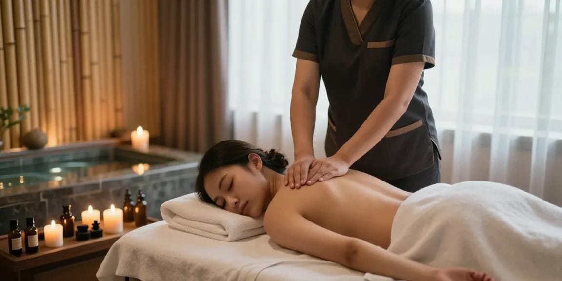 철산동출장마사지 in a serene massage room featuring a therapist and client, softly lit atmosphere.