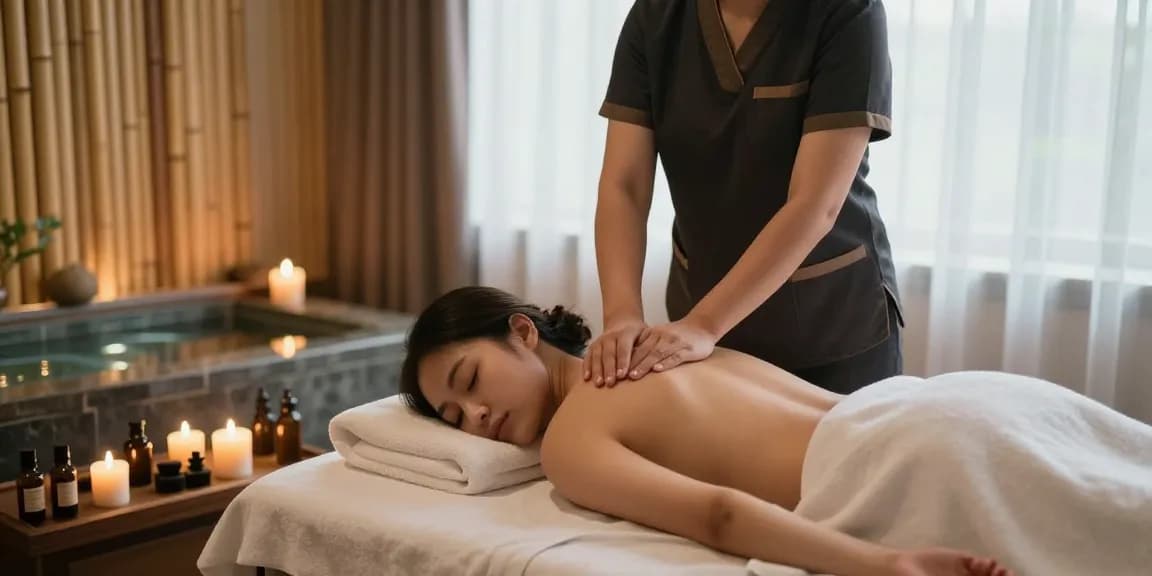 철산동출장마사지 in a serene massage room featuring a therapist and client, softly lit atmosphere.