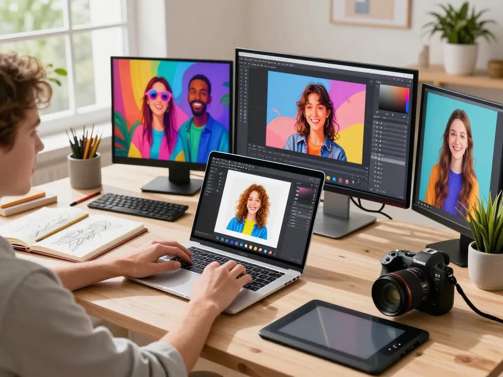 Content creator using nano banana pro in a vibrant digital art workspace, showcasing AI-generated images.