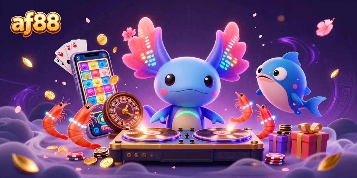 Experience thrilling gameplay at af88 with a lively scene featuring an axolotl DJ and vibrant casino elements.
