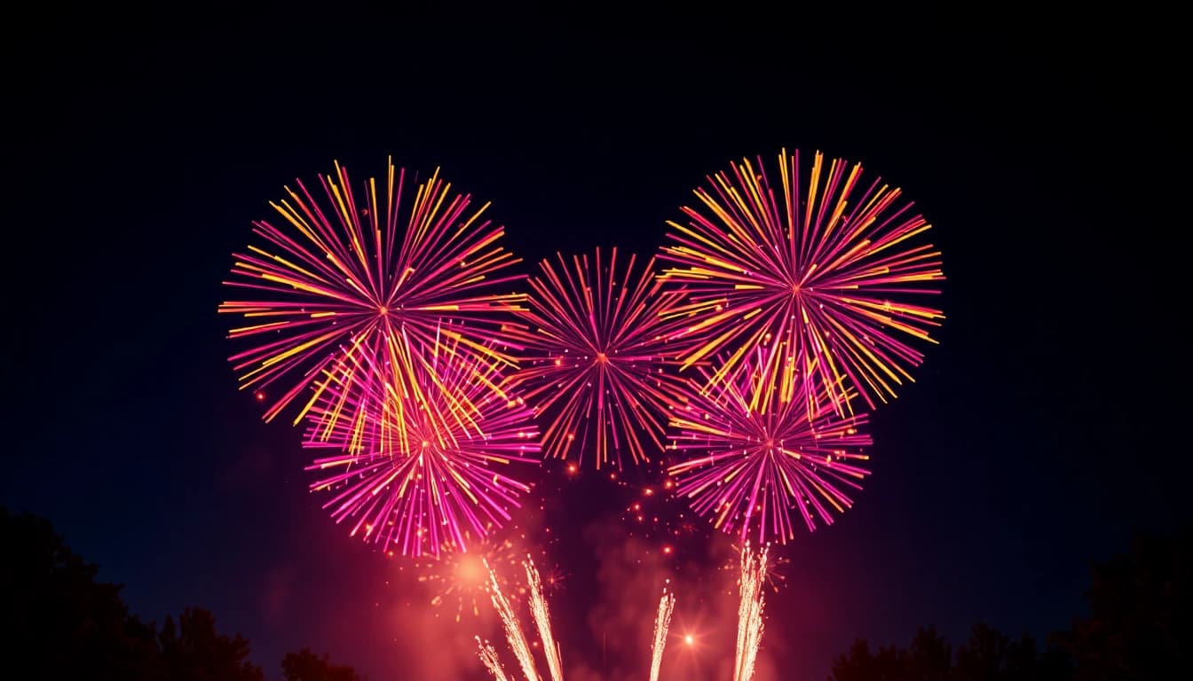 Experience the vibrant diamond fireworks lighting up the night sky with brilliant bursts and colors.