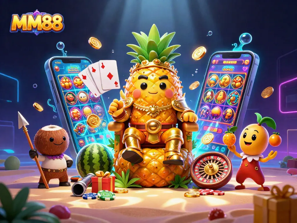 Engage in vibrant MM88 casino excitement with a tropical-themed illustration featuring unique characters.