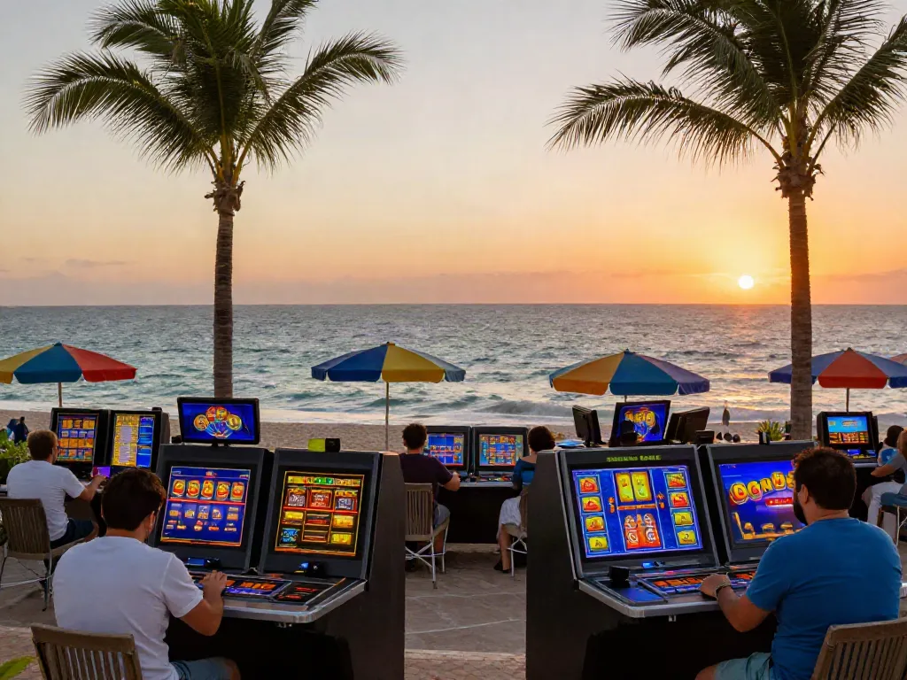 Online players enjoying Bonus Buy slots at the scenic coastline of stargazyinn.co.uk during sunset.