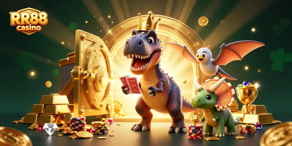 Experience thrilling gameplay at RR88 casino with a T-Rex shuffling cards amid treasure