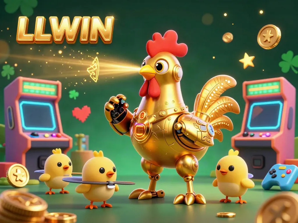 Engage in thrilling gameplay at LLWIN with a retro-futuristic casino scene featuring a golden rooster robot and vibrant arcade elements.