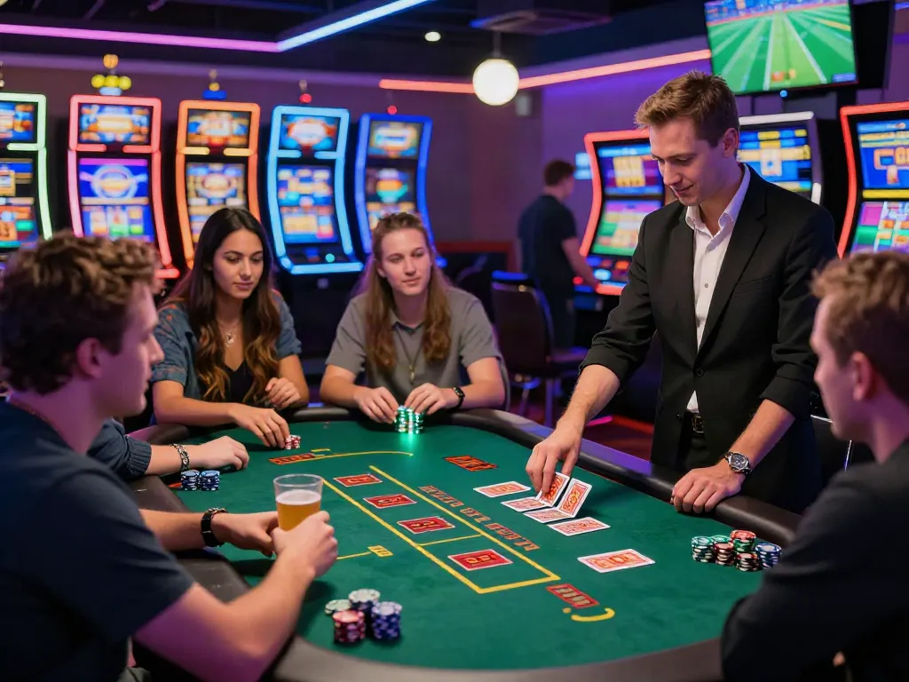 Exciting TX88 online gambling scene with diverse players enjoying blackjack and vibrant casino atmosphere.