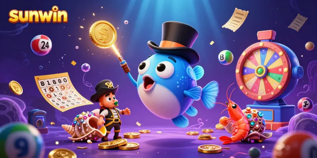 Join sunwin in a vibrant underwater adventure with colorful lottery elements and treasure-themed characters.