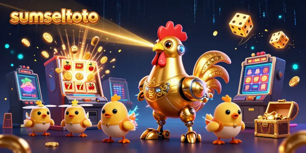 Sumseltoto showcases a whimsical casino world with a golden rooster robot and dynamic slot elements.