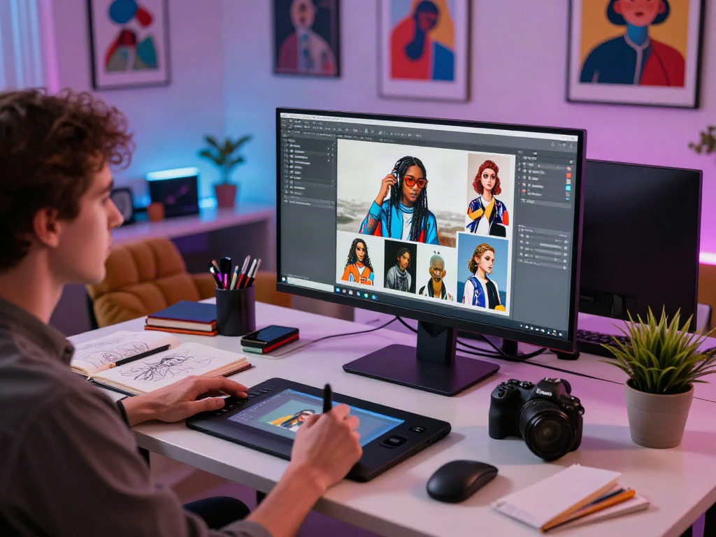 AI NSFW content creation in a modern digital studio with vibrant art.