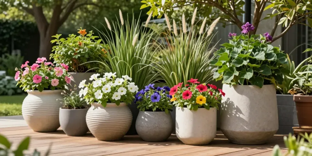 Planters by IDEALIST displayed in a serene garden setting, showcasing vibrant flowers and greenery.