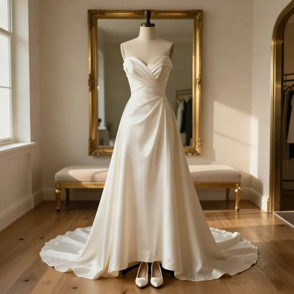Ivory bridal gown on a dress form in a warm fitting room with mirror and satin shoes