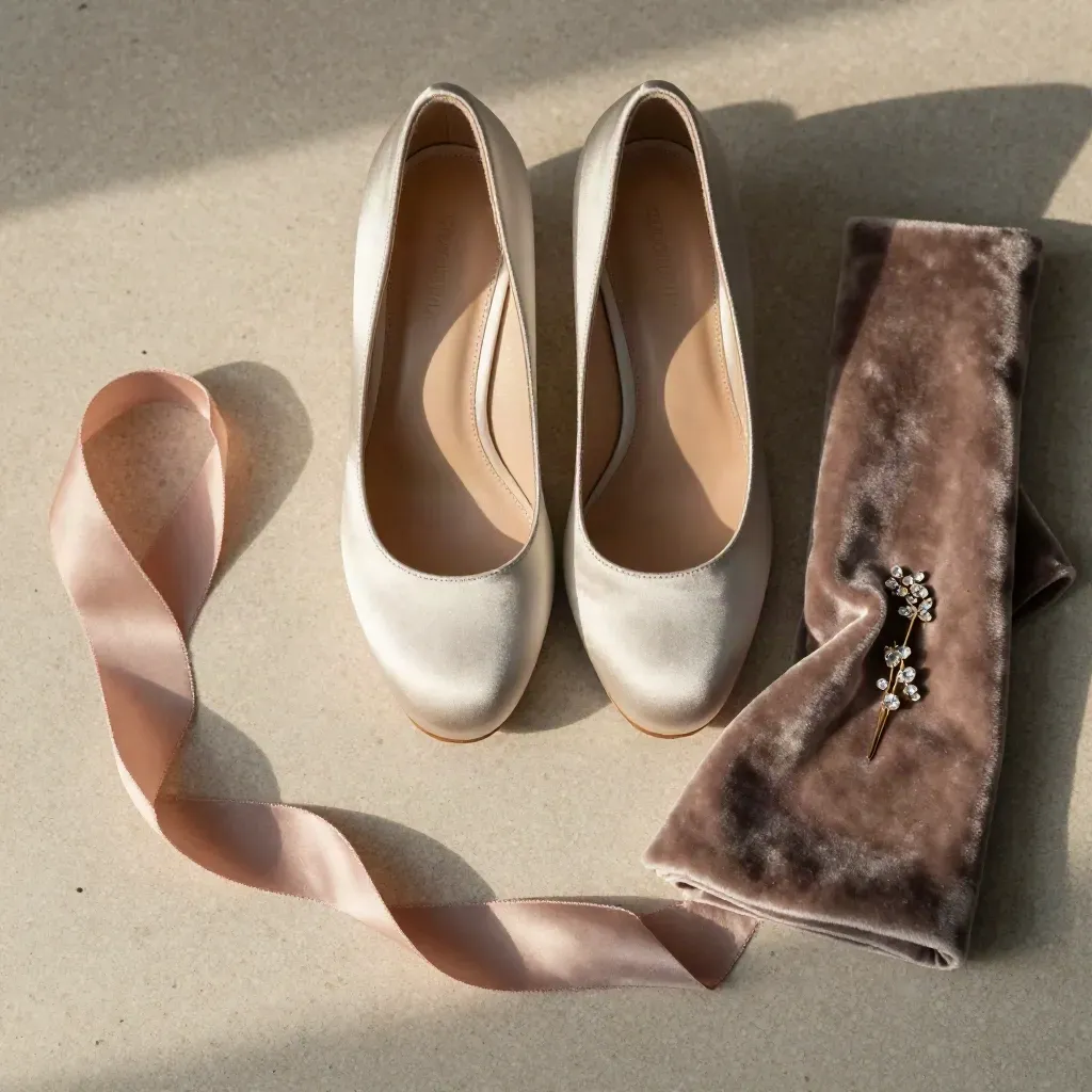 Bridesmaid accessories flatlay with satin shoes, velvet wrap, crystal pins, and blush ribbon on stone.