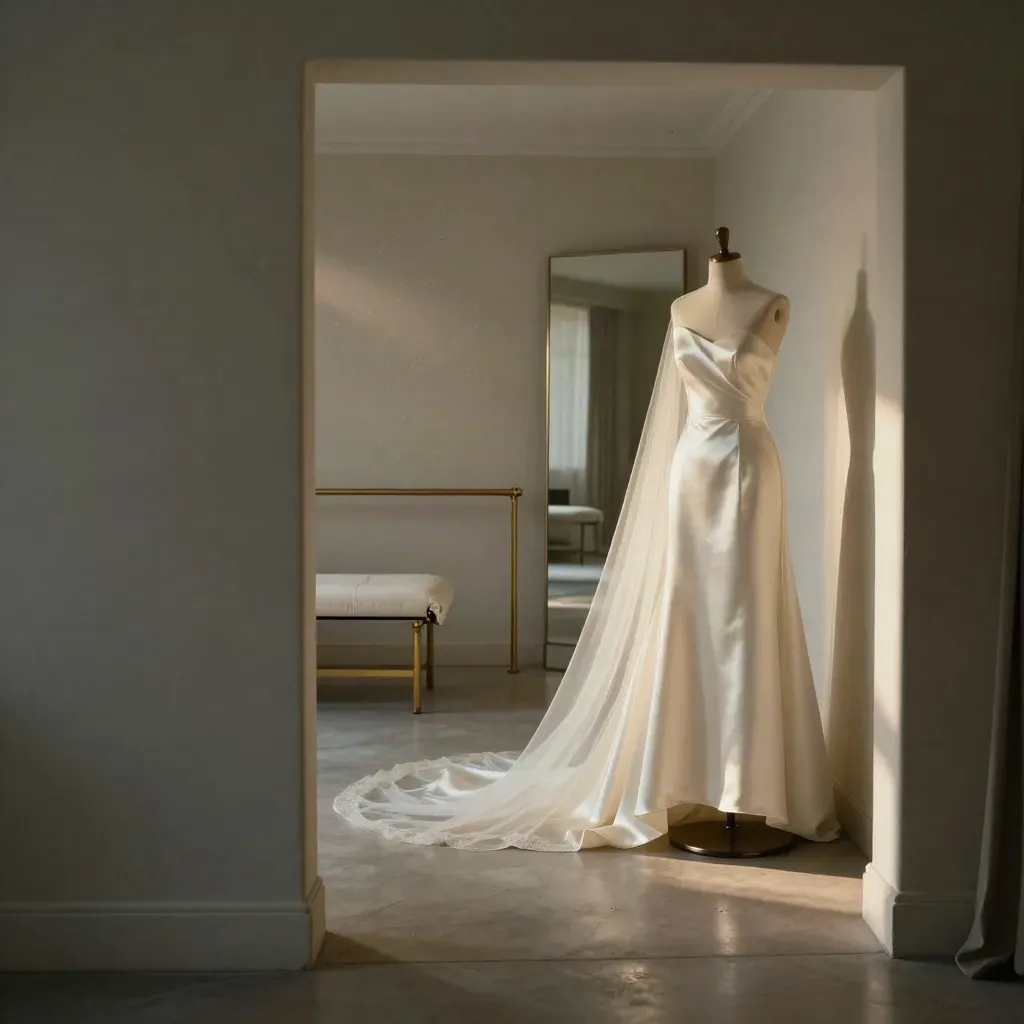 Empty bridal boutique with a gown on a dress form, veil drifting in dawn light.