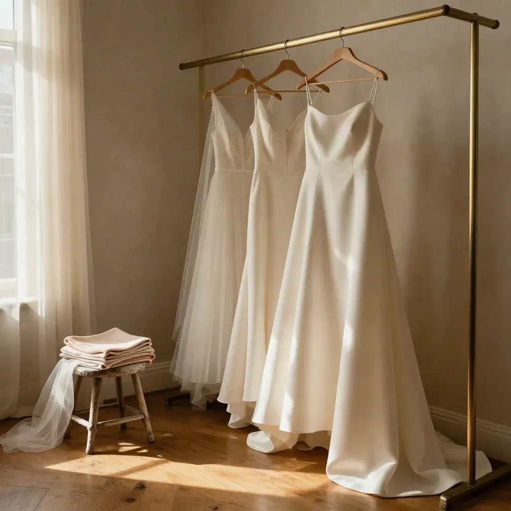 Three bridal gowns on a rail with swatches in a warm boutique corner at sunset.