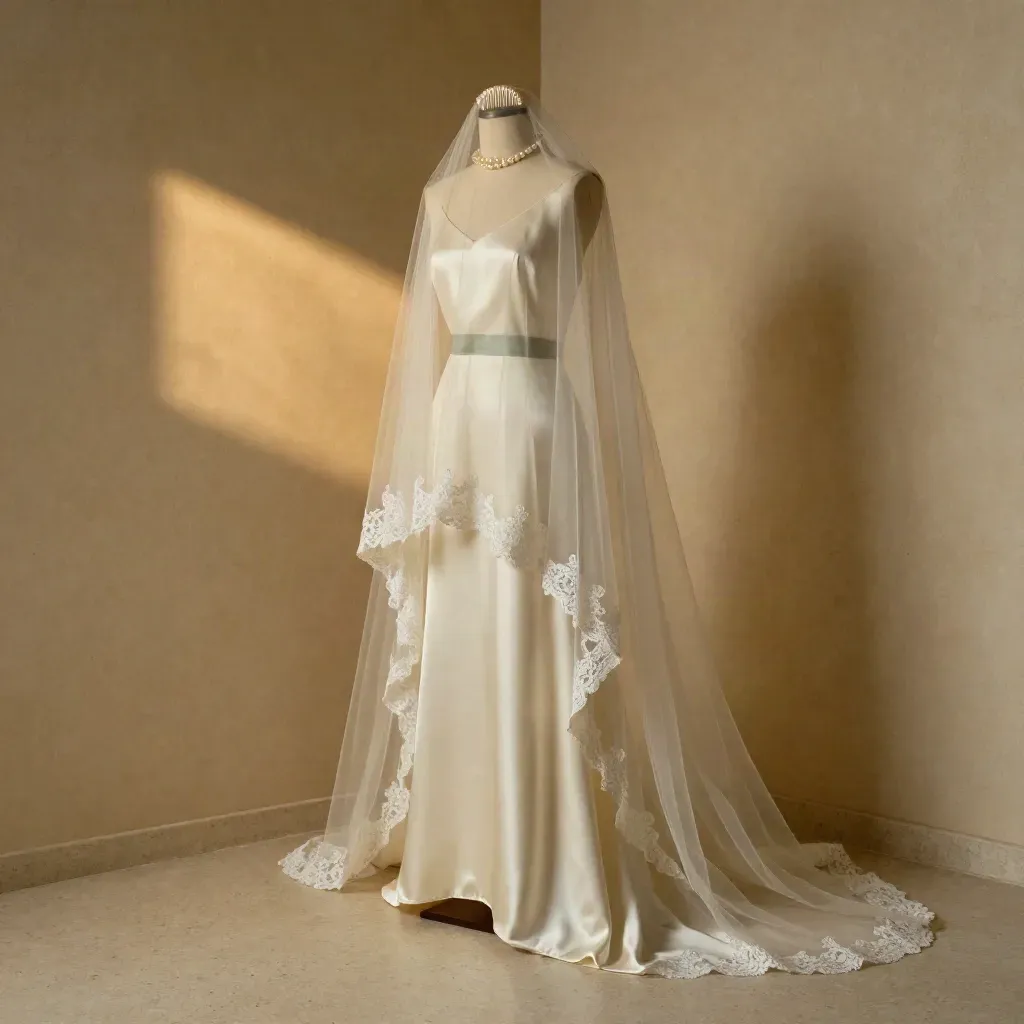 Veil layers settling over a dress form with lace edges, pearl comb, and soft sage ribbon.