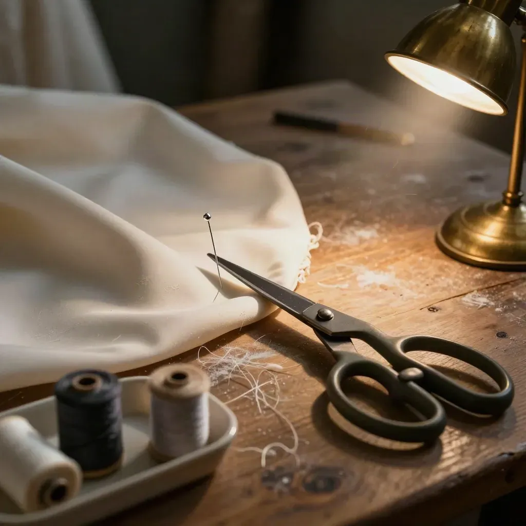 Pinned bridal gown hem on a dress form beside shears, bobbins, and a brass lamp in a dark atelier.