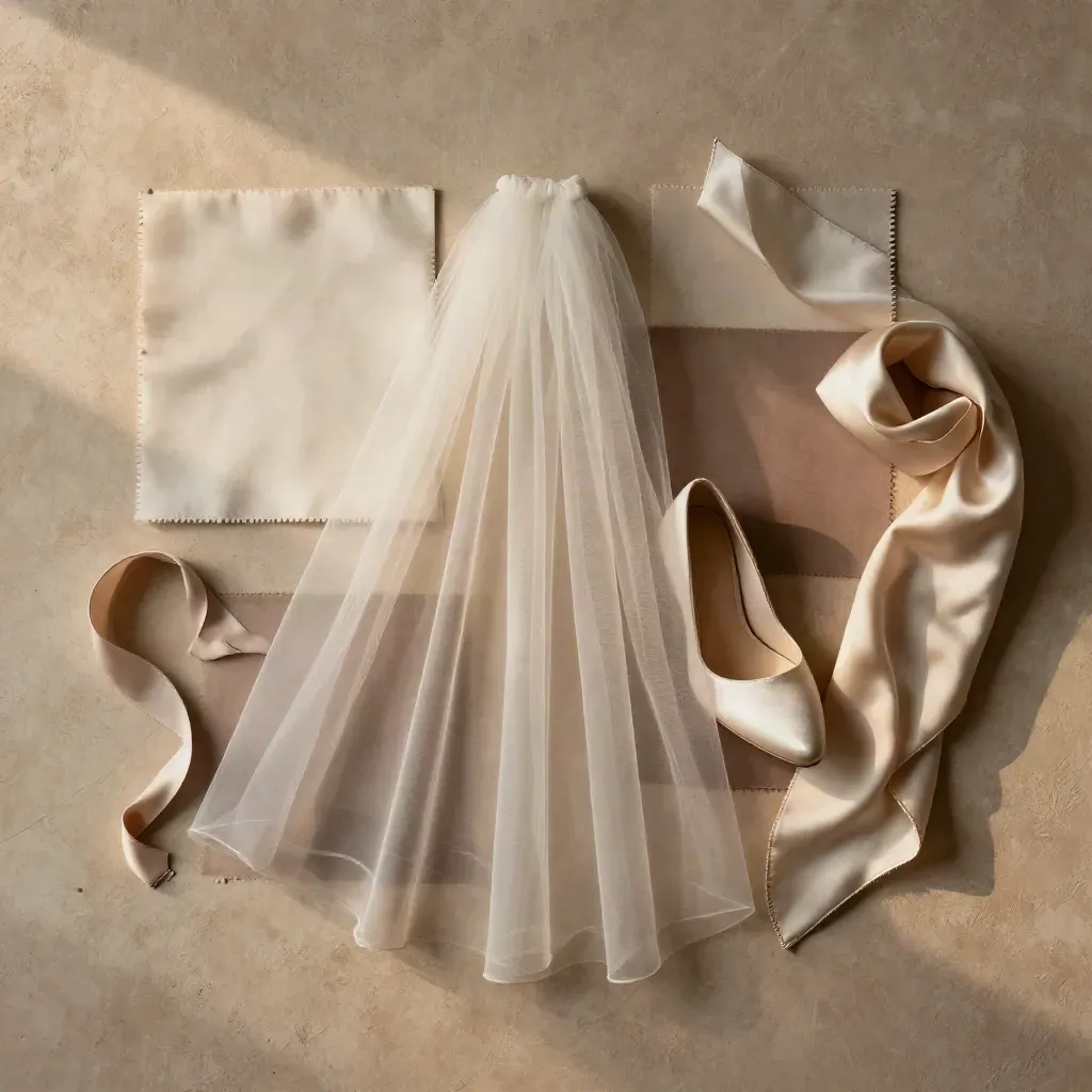 Overhead bridal styling flatlay with swatches, tulle, ribbon, silk scarf and a shoe sample on warm plaster.