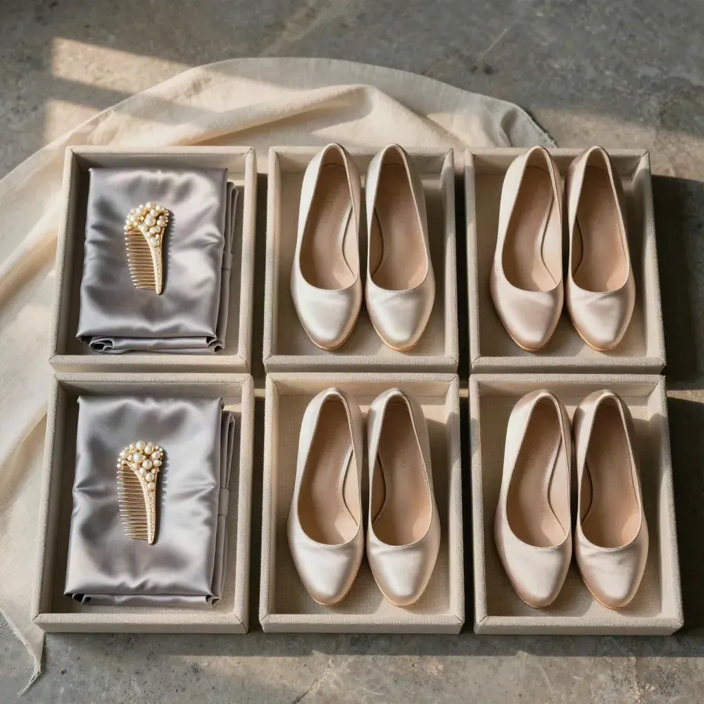 Three bridesmaid accessory bundles in trays with satin wraps, combs and shoes