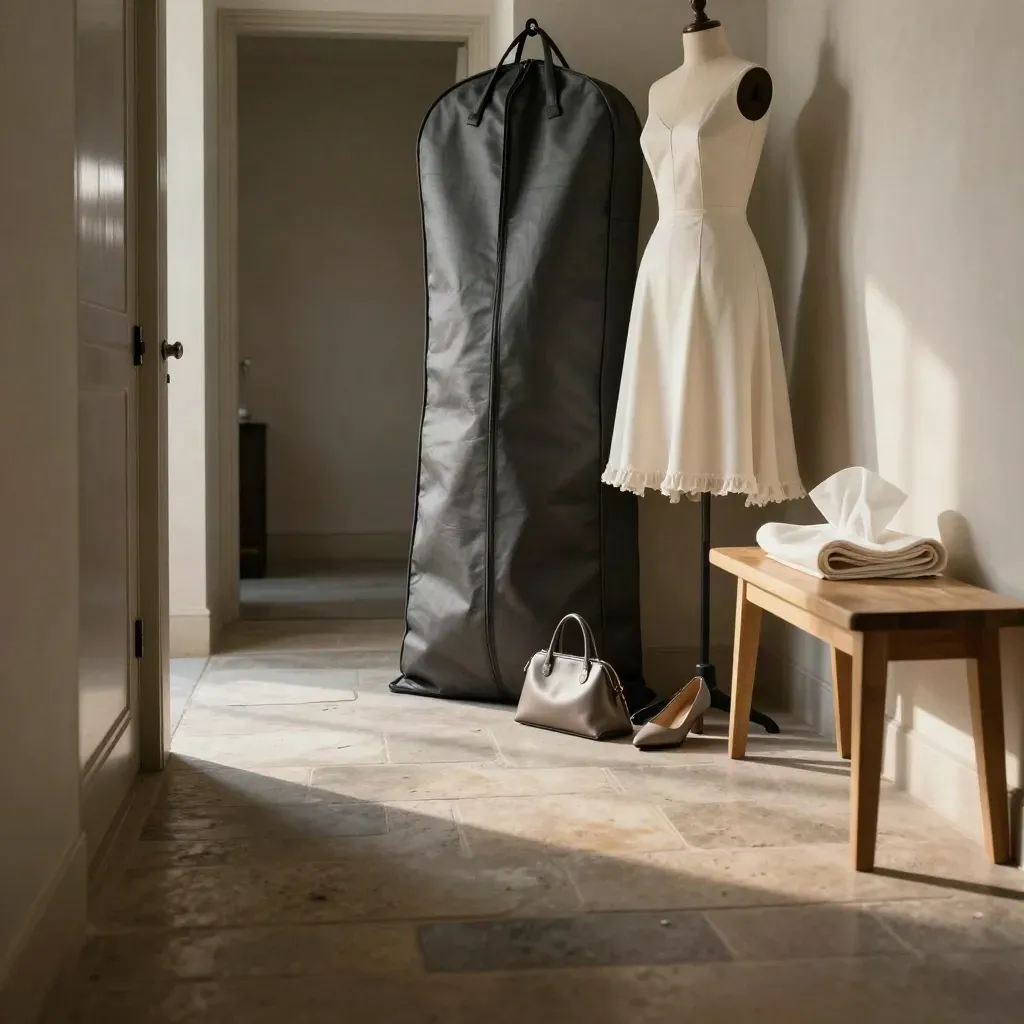 Bridal garment bag, hemmed dress form, shoe pouch and tissue by a doorway