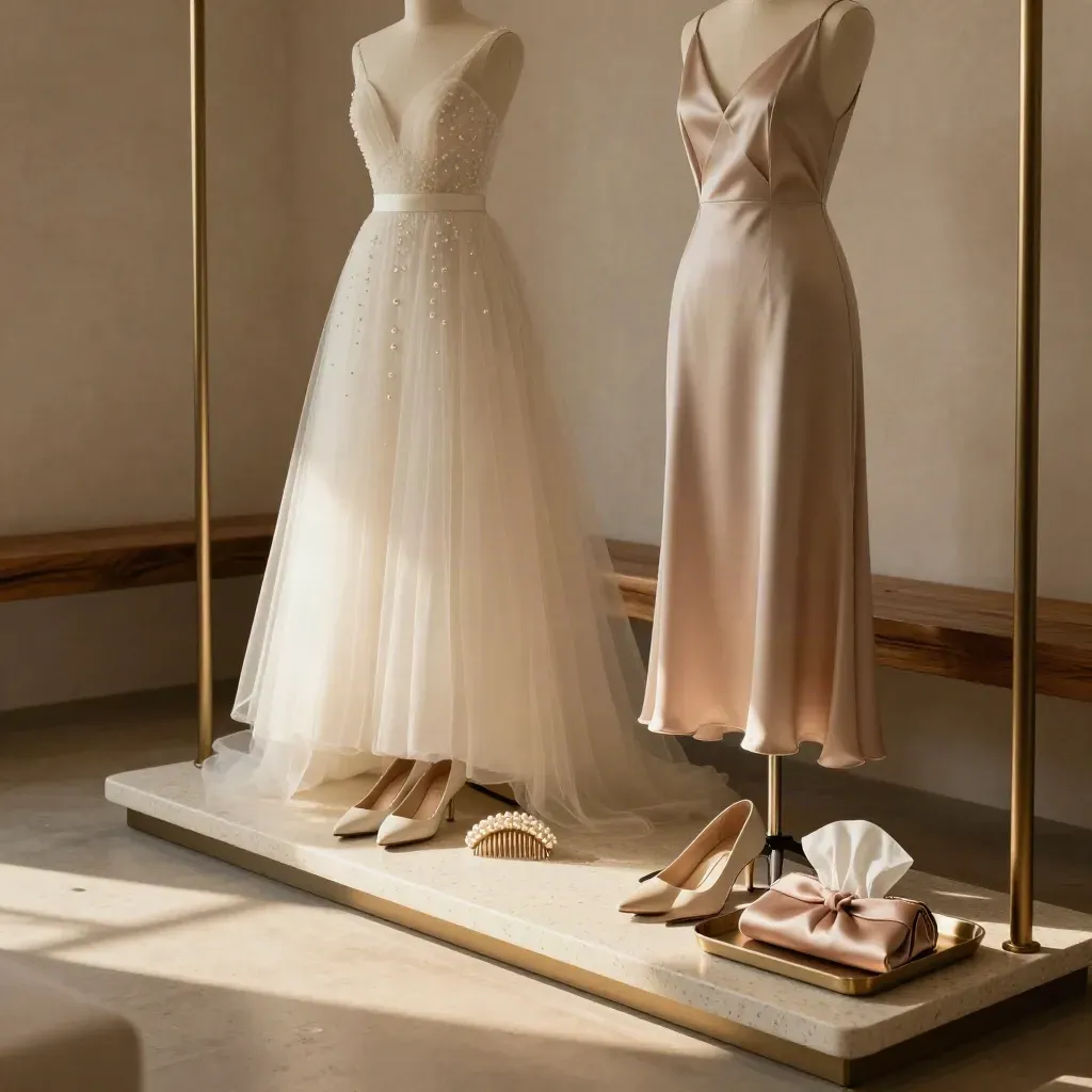 Two styled dress forms in a moody bridal suite with matching accessories and warm side light.