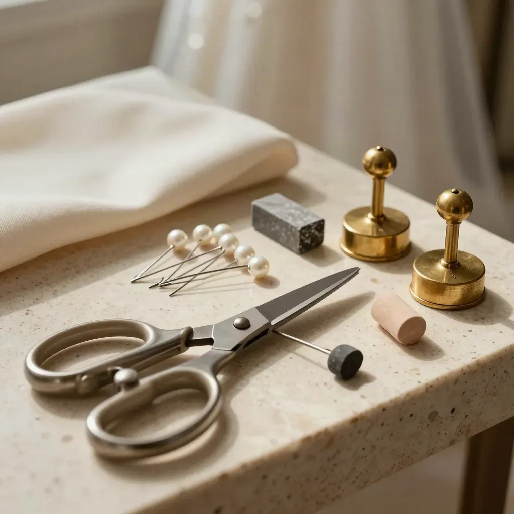 Bridal tailor tools on travertine: shears, pearl pins, chalk block and brass hem weights.