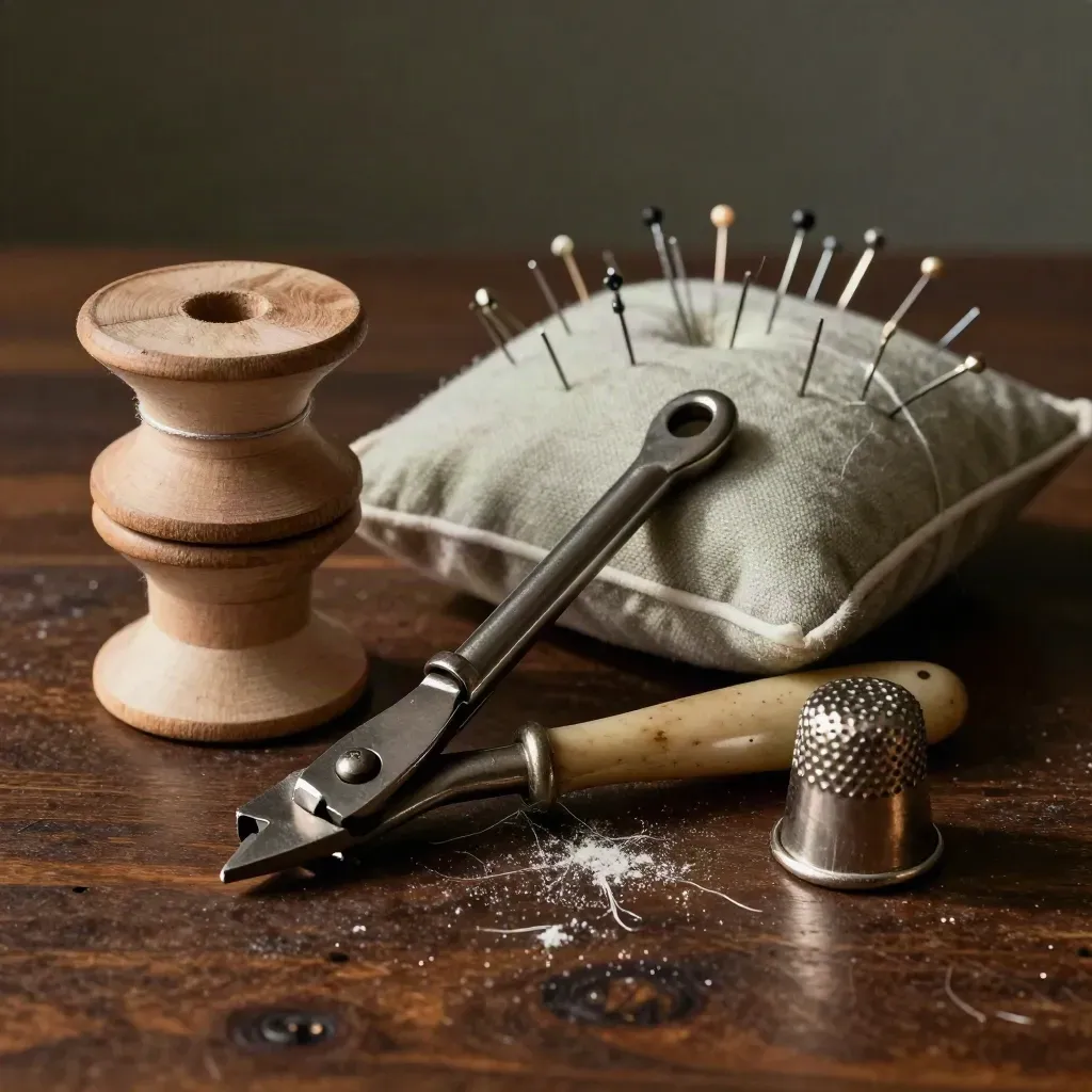 Alteration tools on a dark workbench with thread drifting through dramatic light